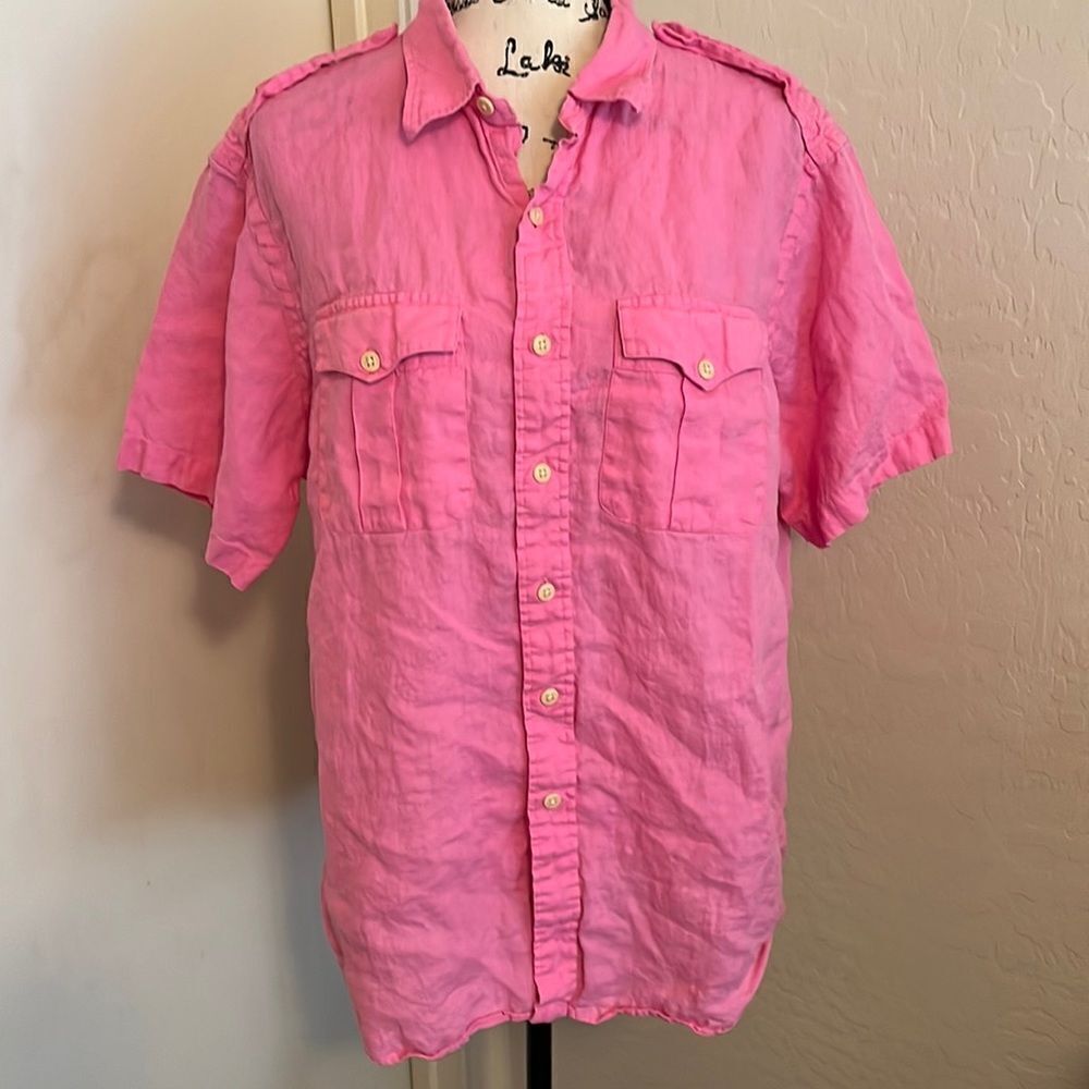 Polo By Ralph Lauren Pink Linen Button Down Pockets Shirt Coastal Beach Resort